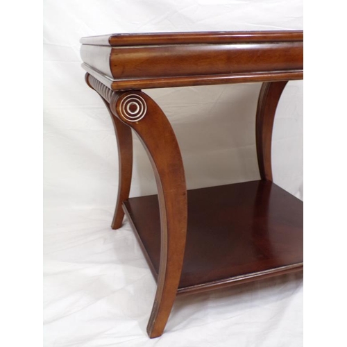 16 - Art Nouveau style square inlaid occasional table with turned rails and shaped reeded legs