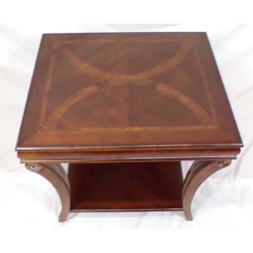 16 - Art Nouveau style square inlaid occasional table with turned rails and shaped reeded legs