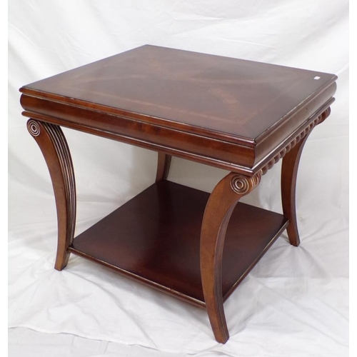 16 - Art Nouveau style square inlaid occasional table with turned rails and shaped reeded legs