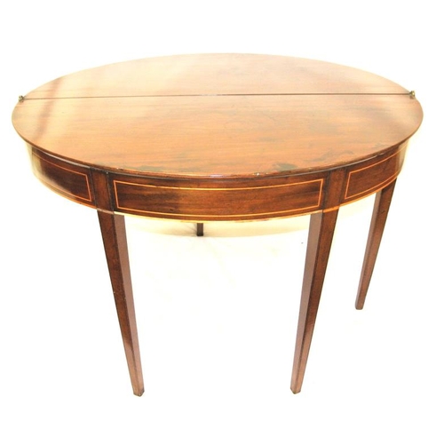 160 - Edwardian Sheraton style inlaid and crossbanded mahogany demi lune tea table with fold-over top, leg... 