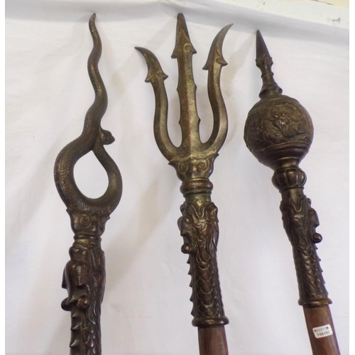 173 - Set of three Chinese bronze ceremonial polearms, with scroll, dragon and scale decoration, and shape... 