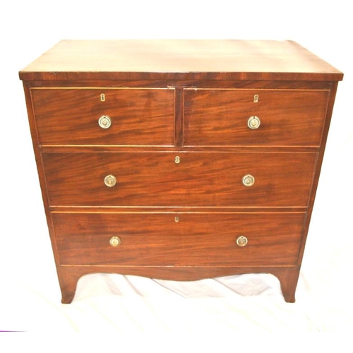 181 - Georgian mahogany chest of two short and two long drawers with ornate brass drop handles, on bracket... 