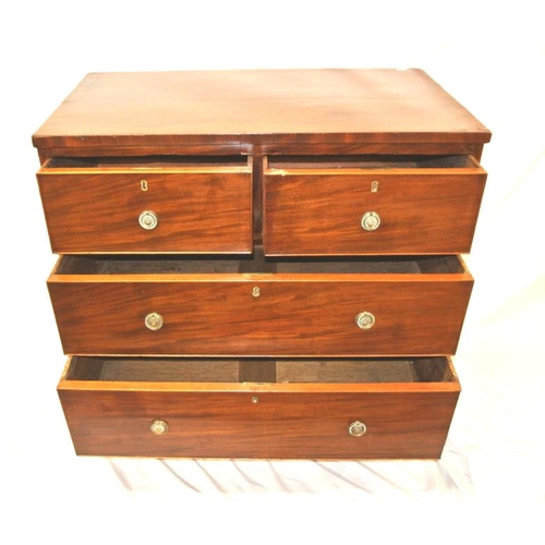 181 - Georgian mahogany chest of two short and two long drawers with ornate brass drop handles, on bracket... 