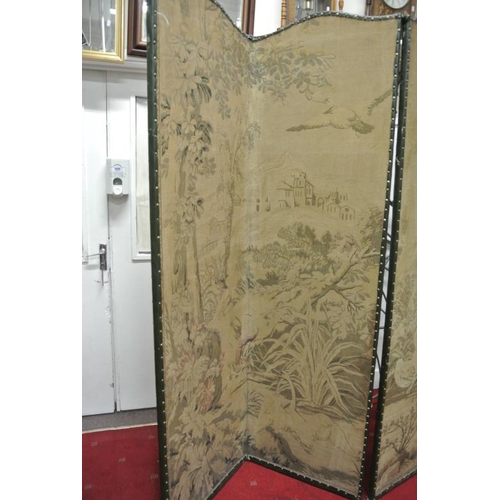 191 - Large Edwardian style double folding screen with serpentine tops, ornate scenic bird decorated scree... 