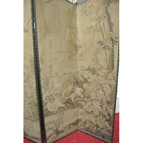 191 - Large Edwardian style double folding screen with serpentine tops, ornate scenic bird decorated scree... 