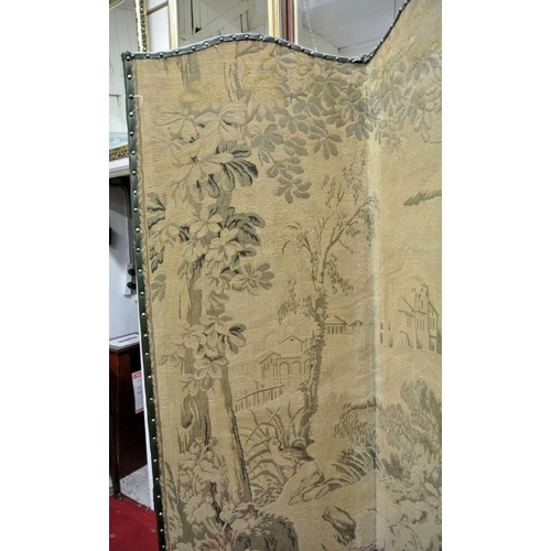 191 - Large Edwardian style double folding screen with serpentine tops, ornate scenic bird decorated scree... 