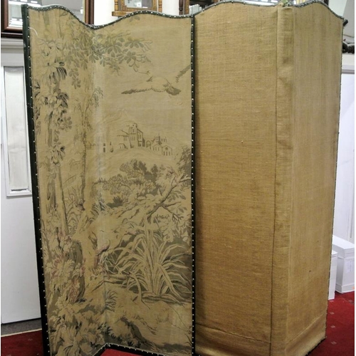 191 - Large Edwardian style double folding screen with serpentine tops, ornate scenic bird decorated scree... 