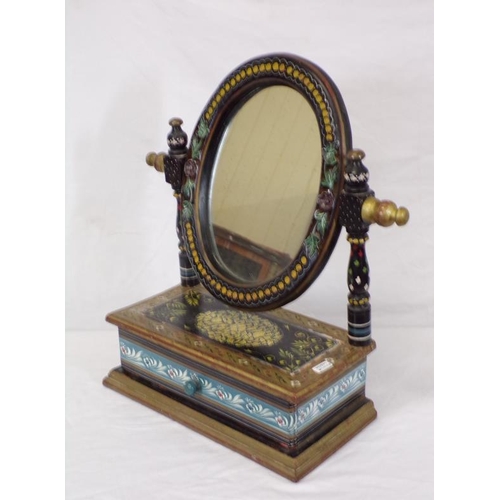 222 - Continental style painted oval timber framed swivel mirror with frieze drawer, ornate foliate decora... 