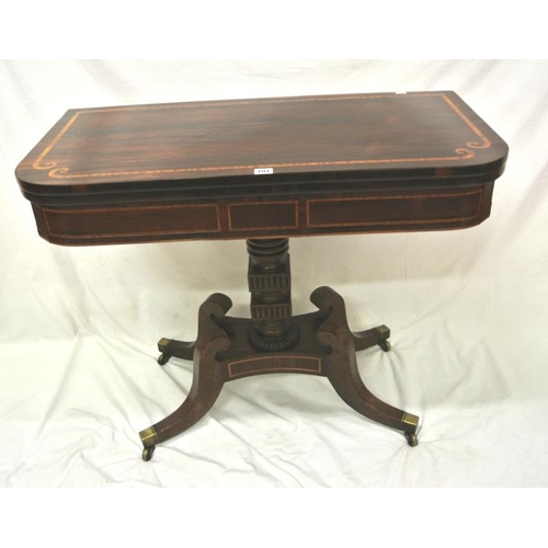 230 - Regency rosewood inlaid mahogany card table with swivel fold-over top, satinwood inlay, on shaped co... 