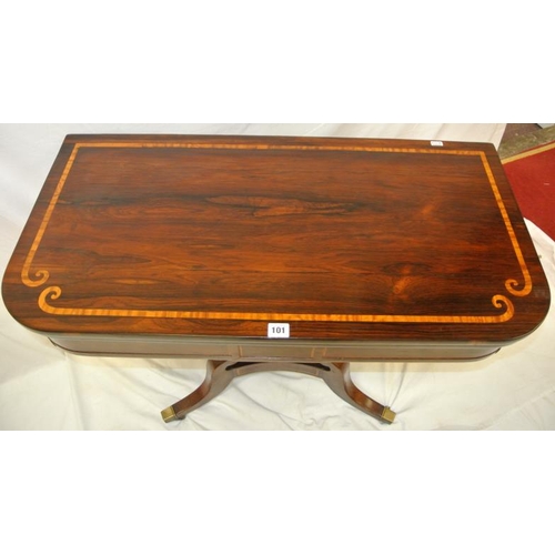 230 - Regency rosewood inlaid mahogany card table with swivel fold-over top, satinwood inlay, on shaped co... 