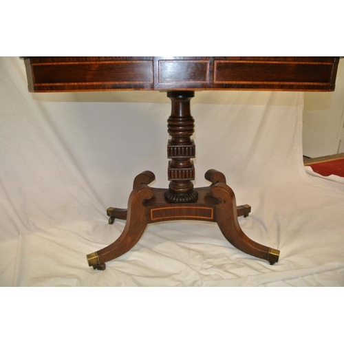 230 - Regency rosewood inlaid mahogany card table with swivel fold-over top, satinwood inlay, on shaped co... 