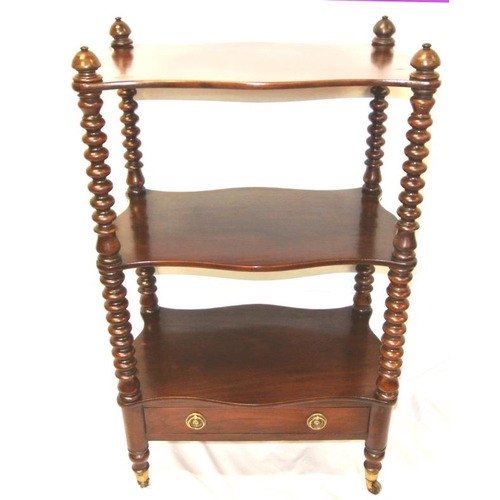 240 - Victorian mahogany three tier whatnot with barleytwist columns, serpentine sides, drawer with brass ... 