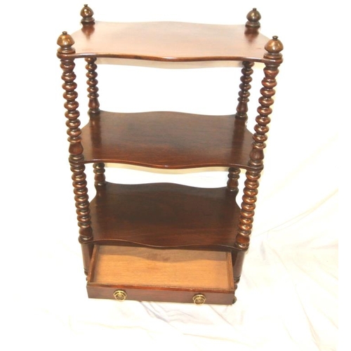 240 - Victorian mahogany three tier whatnot with barleytwist columns, serpentine sides, drawer with brass ... 