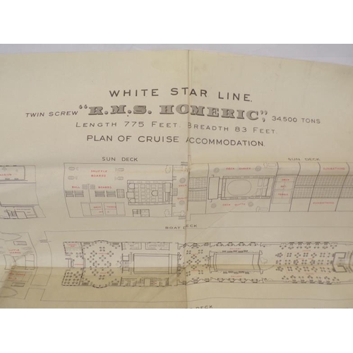 281 - Assorted lot of White Star line ephemera, inc Large drawings of R.M.S HOMERIC Plans  of crew accommo... 