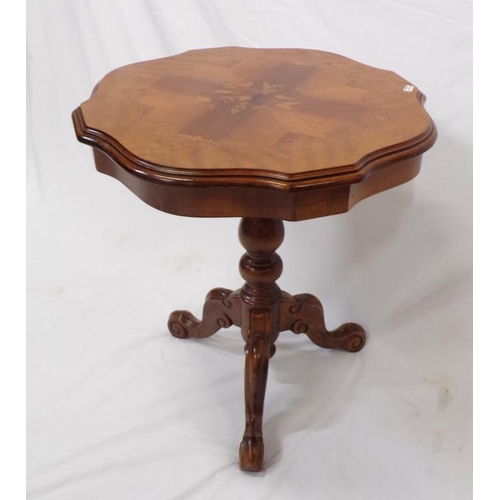 3 - Walnut occasional table with wavy borders, scroll and foliate inlay, on shaped column, on carved tri... 