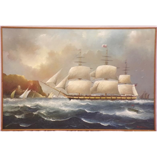 308 - D Hewitt 'Three masted barque, sailing offshore' oil on canvas 60x90cm signed