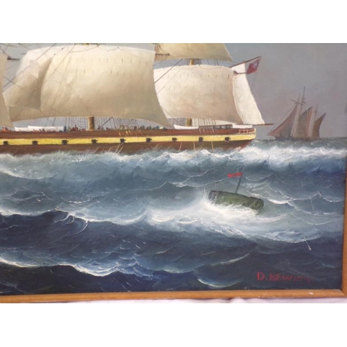 308 - D Hewitt 'Three masted barque, sailing offshore' oil on canvas 60x90cm signed