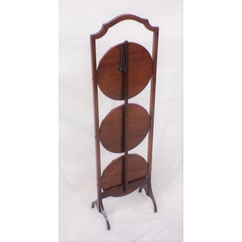 31 - Edwardian mahogany three tier round cake stand with shaped handle