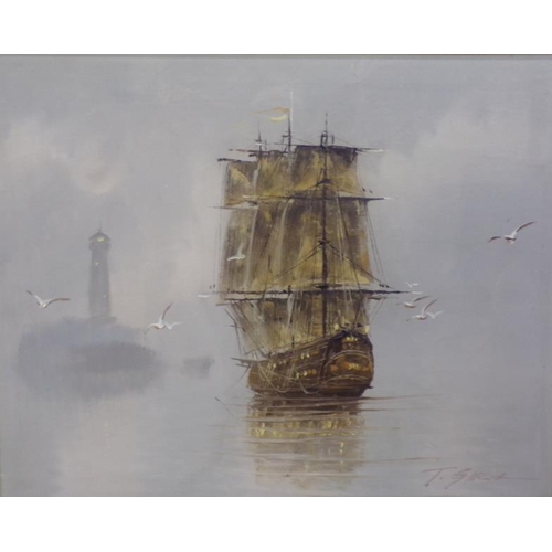 315 - T Garcia 'Galleon in fog' oil on canvas 40x50cm signed