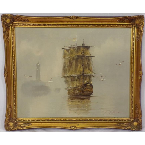 315 - T Garcia 'Galleon in fog' oil on canvas 40x50cm signed