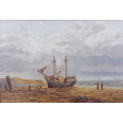 320 - Continental School 'Beached fishing boat with figures' oil on board 32x47cm