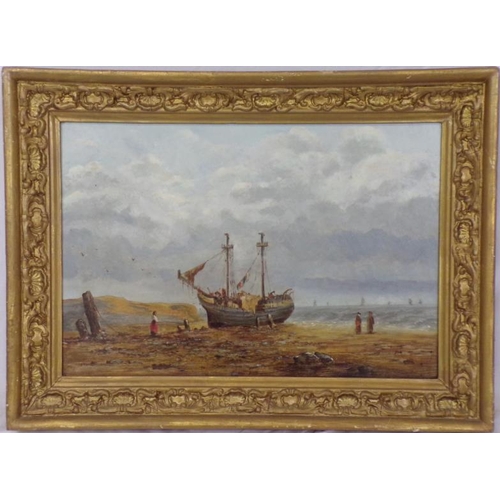 320 - Continental School 'Beached fishing boat with figures' oil on board 32x47cm