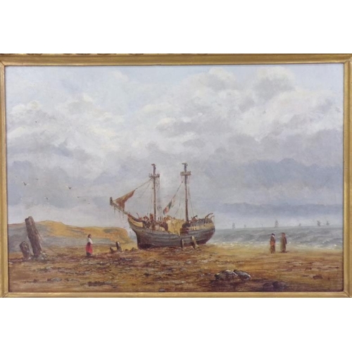 320 - Continental School 'Beached fishing boat with figures' oil on board 32x47cm