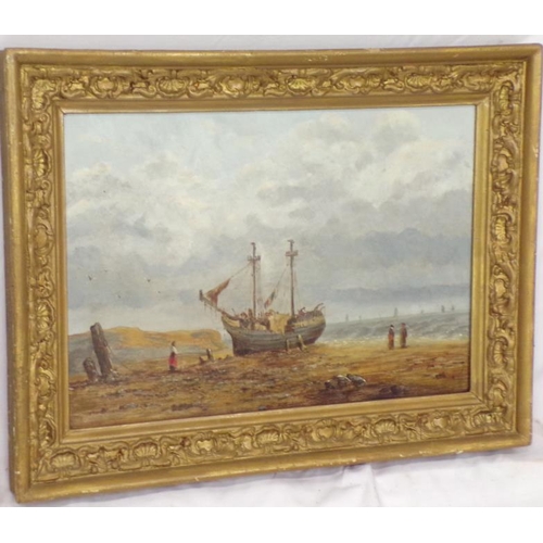 320 - Continental School 'Beached fishing boat with figures' oil on board 32x47cm