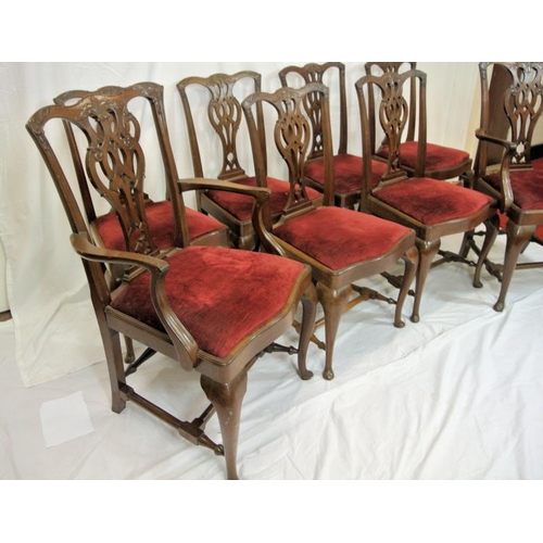 340 - Set of eight Georgian Chippendale style dining chairs with pierced splats, scroll and foliate decora... 