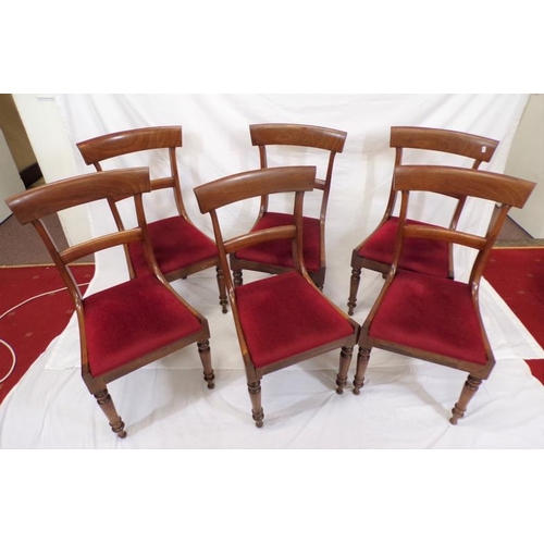 342 - Set of six Victorian mahogany dining chairs with bowed rails, upholstered drop-in seats, on turned t... 