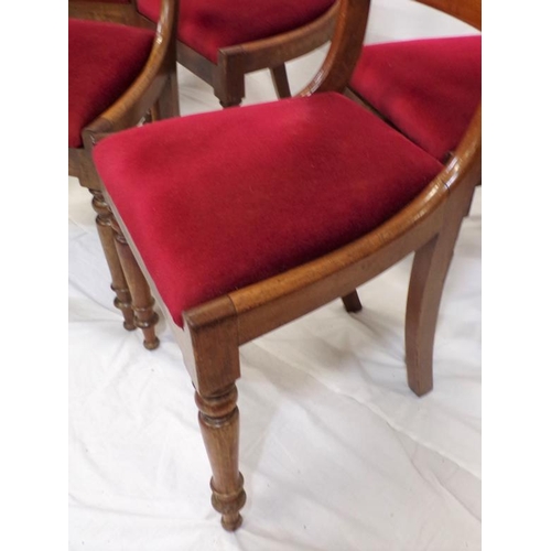 342 - Set of six Victorian mahogany dining chairs with bowed rails, upholstered drop-in seats, on turned t... 