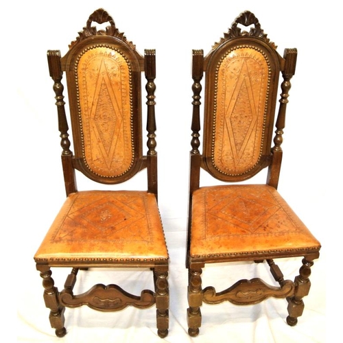 348 - Pair of Dutch style high back occasional or hall chairs with shaped backs, turned rails, leatherette... 