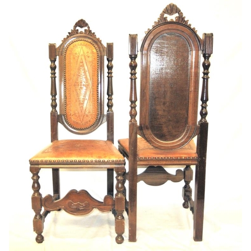 348 - Pair of Dutch style high back occasional or hall chairs with shaped backs, turned rails, leatherette... 