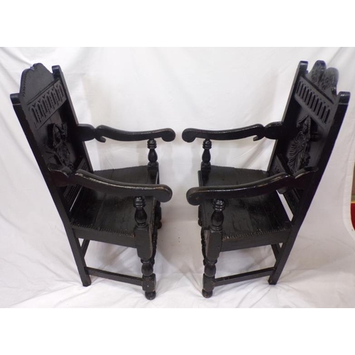 349 - Pair of Jacobean style 'throne' armchairs with shaped figured backs, shaped arms, and turned stretch... 