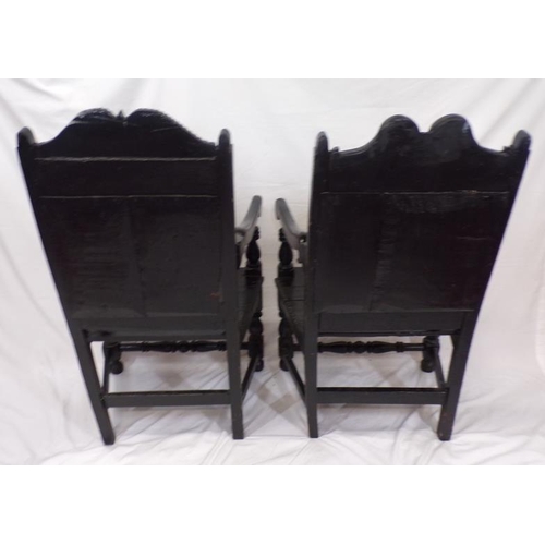 349 - Pair of Jacobean style 'throne' armchairs with shaped figured backs, shaped arms, and turned stretch... 