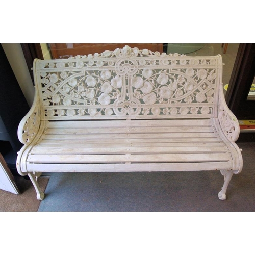 350 - Coalbrookdale style cast iron garden bench with ornate figured and lily decoration, timber slats, on... 