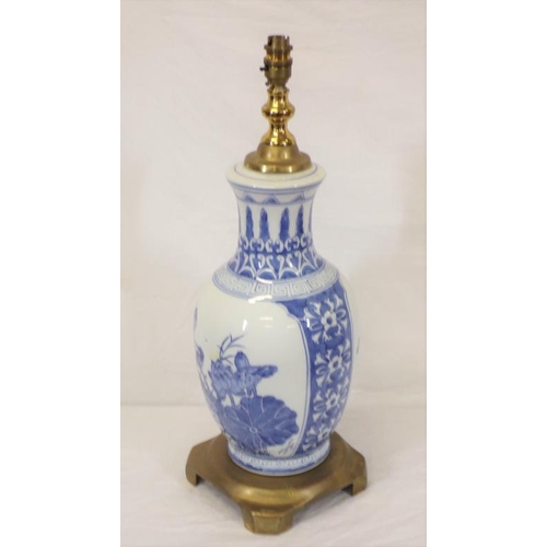 38 - Oriental style baluster shaped electric lamp with blue and white bird and foliate decoration