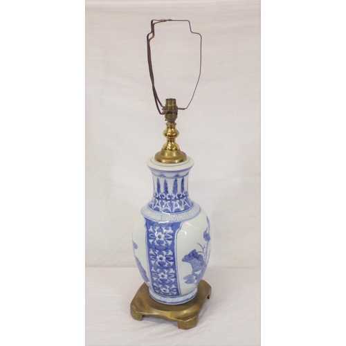 38 - Oriental style baluster shaped electric lamp with blue and white bird and foliate decoration