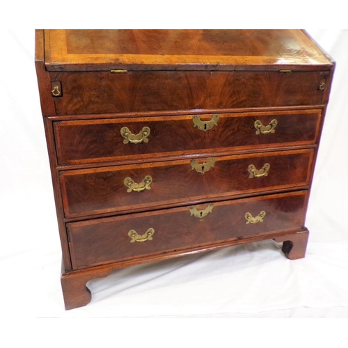 50 - George II inlaid and crossbanded walnut and rosewood bureau with drop-down front, pull-out supports,... 