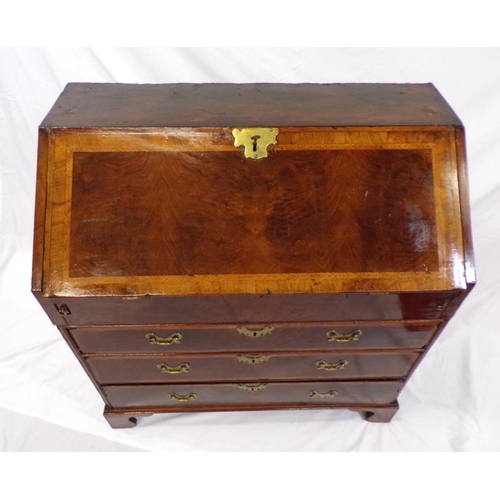 50 - George II inlaid and crossbanded walnut and rosewood bureau with drop-down front, pull-out supports,... 