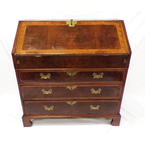 50 - George II inlaid and crossbanded walnut and rosewood bureau with drop-down front, pull-out supports,... 