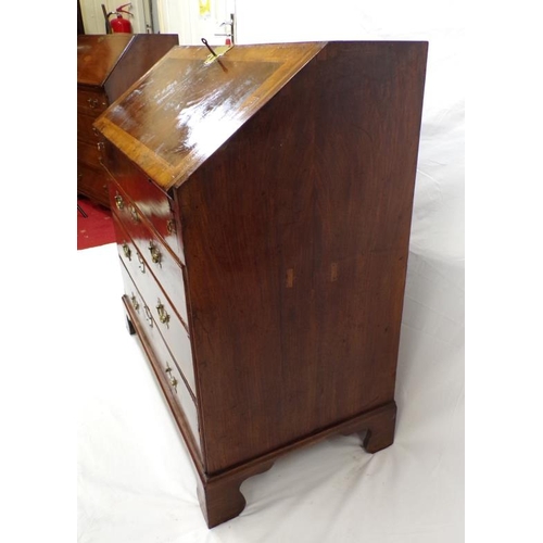 50 - George II inlaid and crossbanded walnut and rosewood bureau with drop-down front, pull-out supports,... 