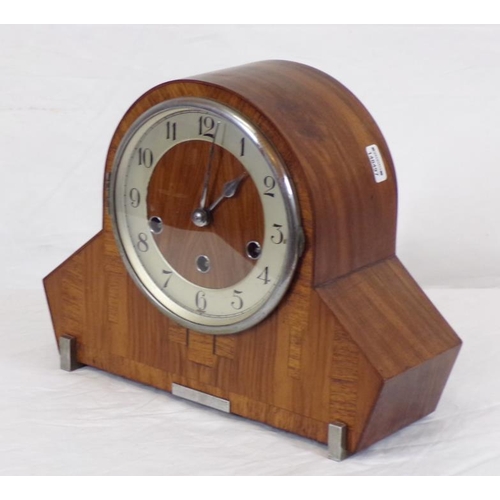 57 - Art Deco mahogany and walnut mantle clock with round dial