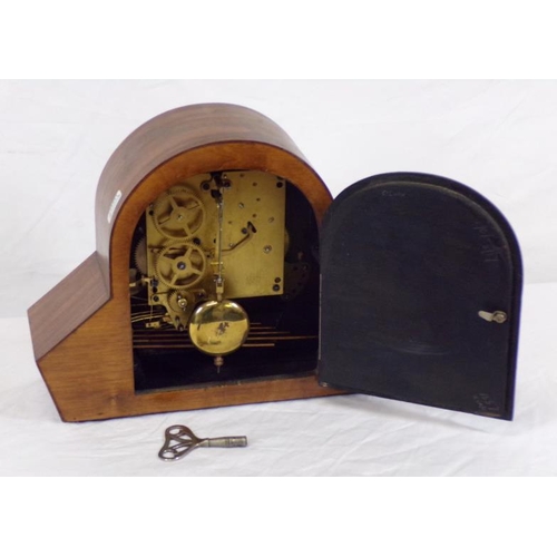 57 - Art Deco mahogany and walnut mantle clock with round dial