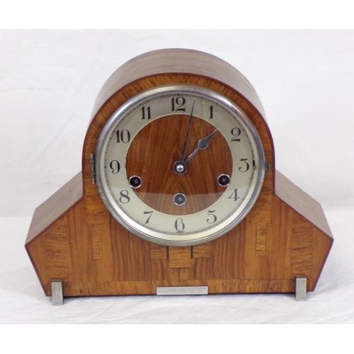 57 - Art Deco mahogany and walnut mantle clock with round dial