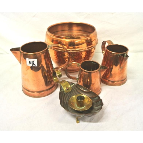 63 - Set of three copper measuring jugs, copper flower bowl and night light