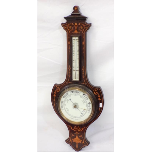 67 - Edwardian inlaid mahogany barometer with shaped top, ornate foliate and string inlay, and brass fram... 