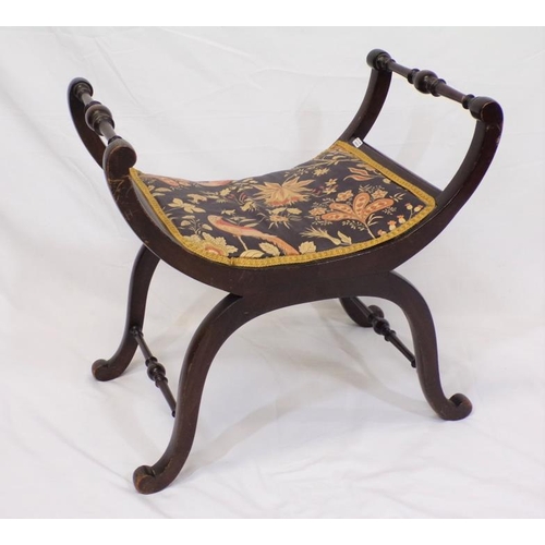 74 - Edwardian style stool with bird and foliate decorated upholstery, turned rails, on shaped legs