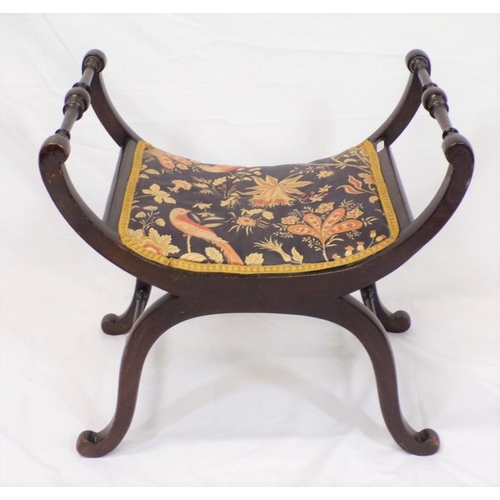 74 - Edwardian style stool with bird and foliate decorated upholstery, turned rails, on shaped legs