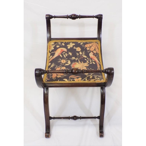 74 - Edwardian style stool with bird and foliate decorated upholstery, turned rails, on shaped legs